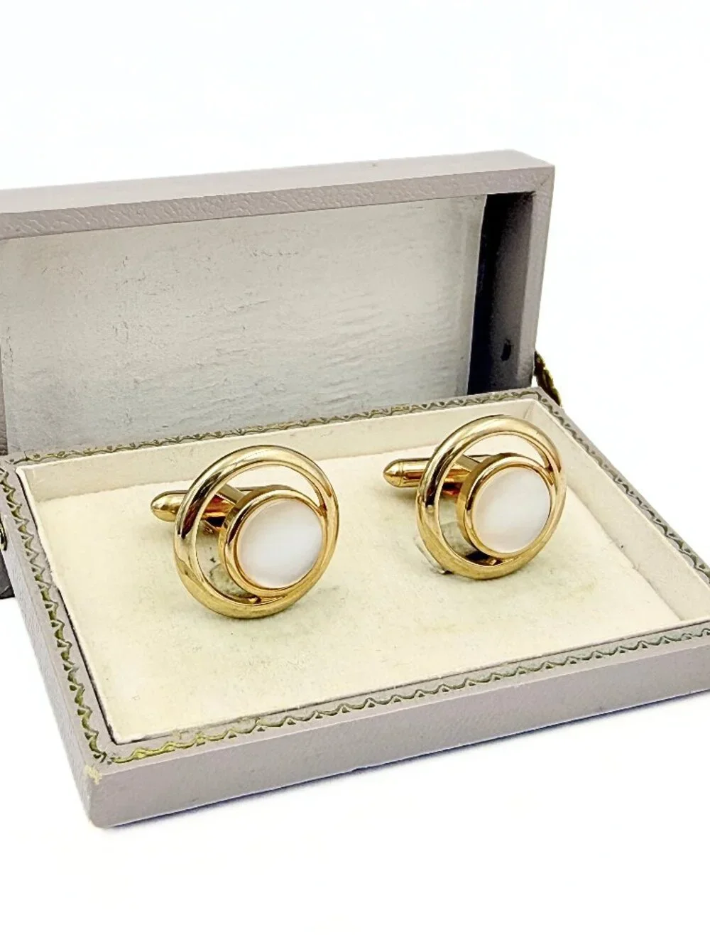 Swank Signed MCM Round Gold Plated Asymmetrical Orbit Thermoset Cufflinks